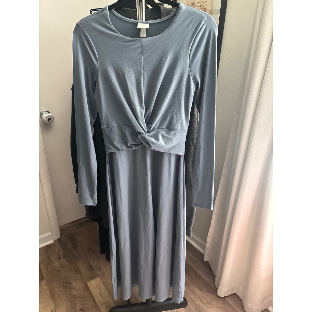 A New Day Womens Long Sleeve Twist Front Midi‎ Dress Blue Crew Neck Size S